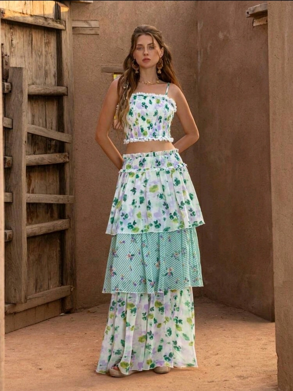 Floral Tiered Maxi Skirt - Green & White